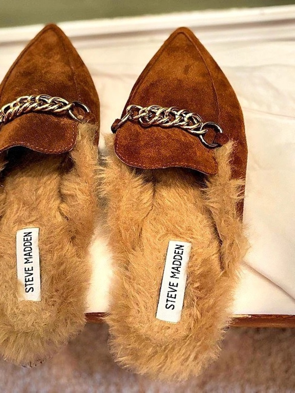Steve Madden Faine Mule Brown Faux Fur Chain Mules